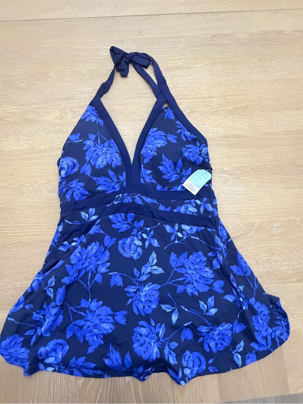 Blue Floral Halter Swimdress with Flared Skirt - Picture 2 of 11